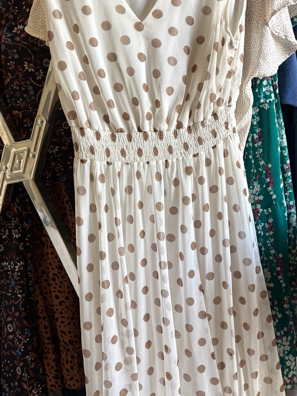 Cream Polka Dot Midi Dress with Elastic Waist